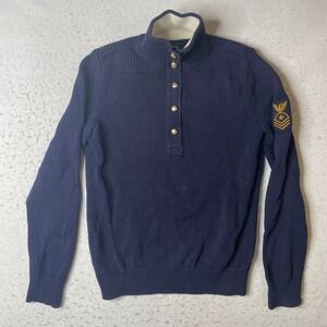 Lauren Ralph Lauren Sweater Womens Medium Blue Military Mock Neck Crest Button‎